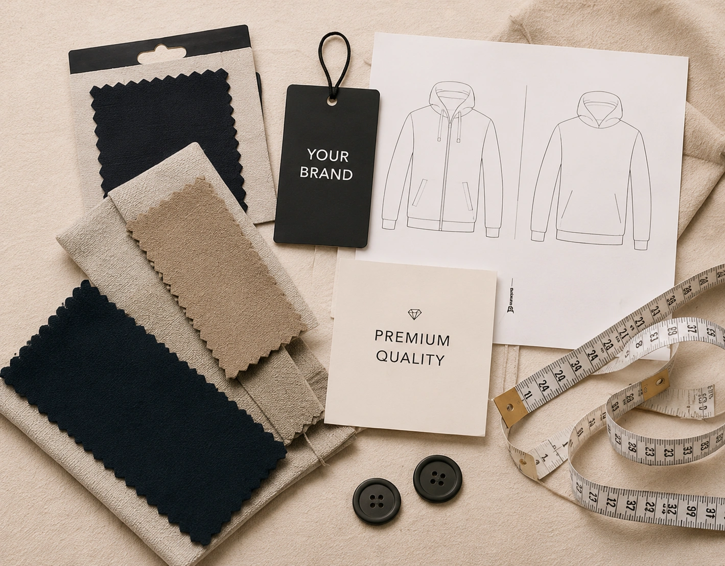 Production table with tech pack, fabric swatches, hang tags, measuring tape, folded garments, label samples and neutral packaging