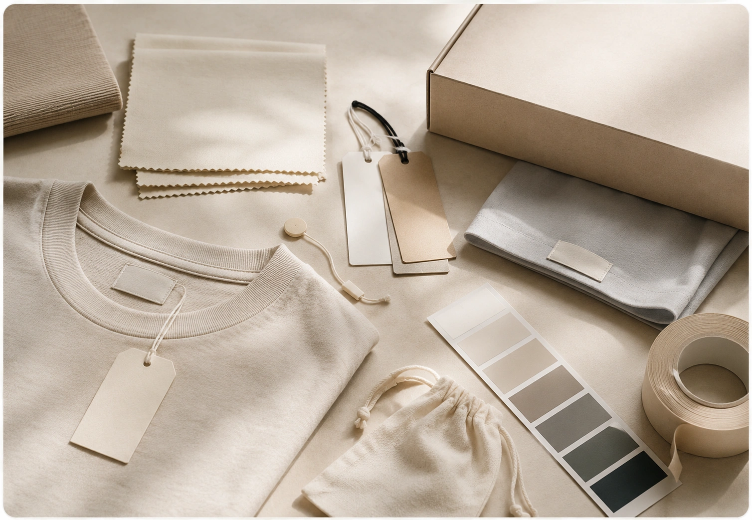 Private label apparel flat lay with blank hoodie, T-shirt, labels, hang tags, swatches, packaging and tech pack