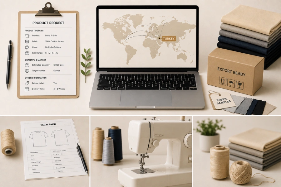 Buyer submitting apparel sourcing request on laptop with tech pack and fabric samples nearby