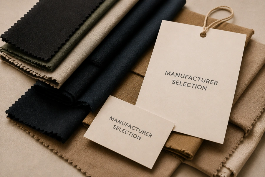 Fabric samples, price offer sheet, supplier selection notes and neutral workspace