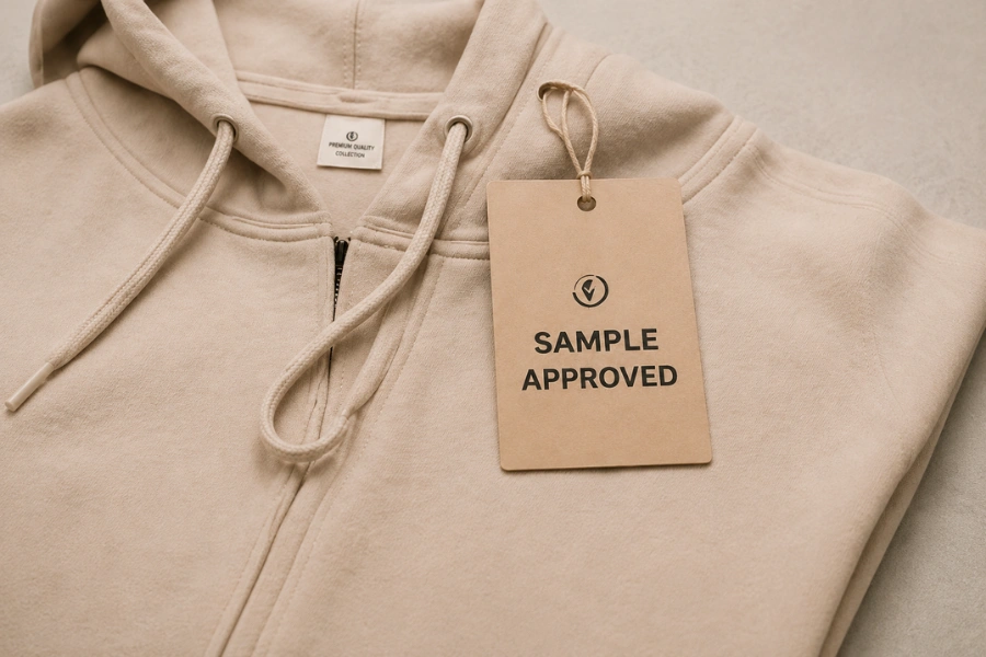 Folded hoodie or T-shirt sample with hang tag, fabric swatches and sample approval card