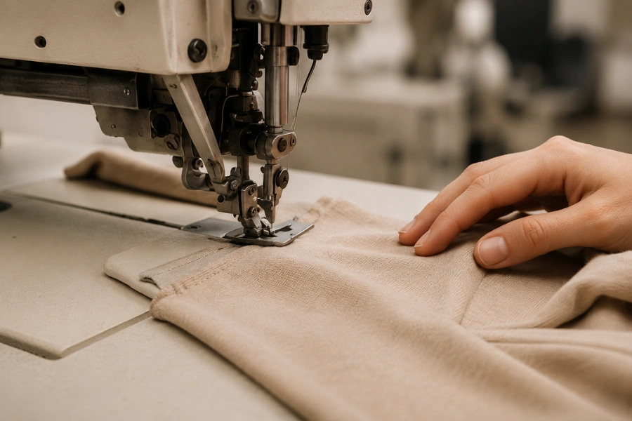 Sewing machine working on garment fabric in a clean garment production environment