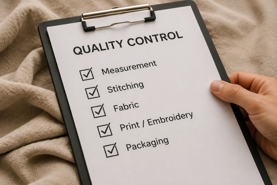 QC checklist, garment measurement, fabric swatches, inspection notes and clean production table
